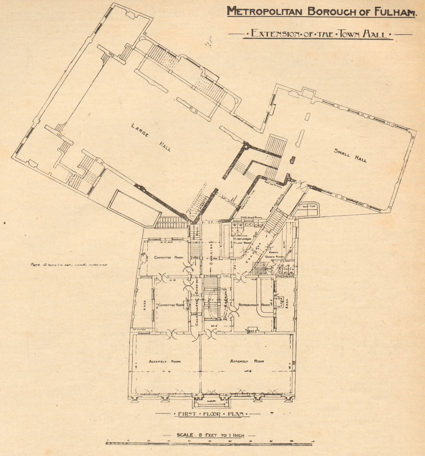 Metropolitan Borough of Fulham, extension of the Town Hall. 1st floor plan 1904
